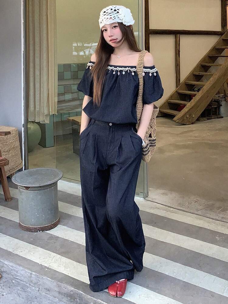 Women Denim Two Pieces Outfits,Off Shoulder Top