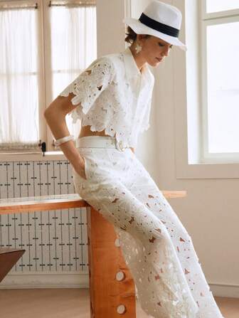 Arave Women's Lace 2 Pieces Set Woven Laser Cut Out Embroidered Short Sleeve Crop Top Wide Leg Pants, Casual  Holiday Outfit For Women, /, Outfits For Women,Cruise Women Outfits,European ,Vacation Outfits Woman,2 Pieces Outfit,White Set,Birthday Outfit For Women, Lace Two Pieces Set, White Lace Two Pieces Set , Two Pieces Set ,Two Pieces Setfall Women Clothes Fall Outfits Women Fall Autumn Clothes