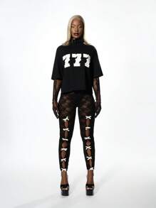 SUMWON WOMEN 超大哥特式另类街头风 T 恤，带有 Triple Seven 图案，节日音乐会垃圾摇滚风格休闲上衣