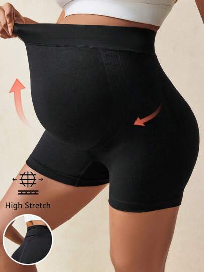 SHEIN Maternity Solid Color Elastic Waist Tight Fitting Cropped Sports Shorts , Summer