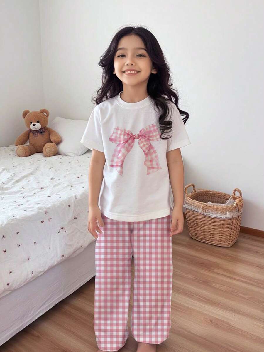 年轻女孩休闲简约修身圆领短袖长裤睡衣套装,适合夏季 - 彩色 - 查看 1