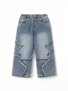 Young Boy Distressed Street Style Star Patchwork Loose Fit Blue Denim Jeans For Kids Clothes Boys Costume Dailywear Streetwear Outfits And Kids Four Seasons Clothes Back To School Clothes - Light Wash - View 12