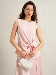 SHEIN Clasi Lotus Root Color Round Neck Bow Decor Women Casual Tank Top - Dusty Pink - View 5