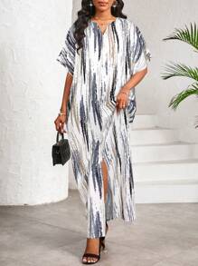 SHEIN Lady 优雅休闲工作派对条纹印花 V 领开衩蝴蝶袖女式连衣裙长款连衣裙 - 灰色 - 查看 3