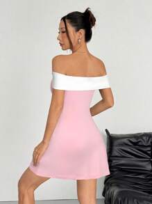 SHEIN EZwear 女士露肩浅粉色休闲短款连衣裙，夏季 - 淺粉色 - 查看 2