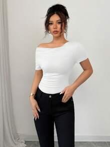 Elenzga Kaos Lengan Pendek Berkerut Asimetris Elegan Musim Panas - Putih - View 6