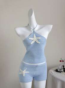 Elamini Set de 2 piezas Jersey + Pantalón corto de mujer con adorno de estrella de mar, apropiado para uso diario, vacaciones y citas