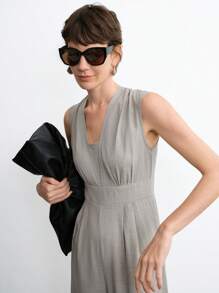 Aalyst 女士优雅时尚通勤休闲舒适迷人复古无袖 V 领收腰直筒纯色连体裤