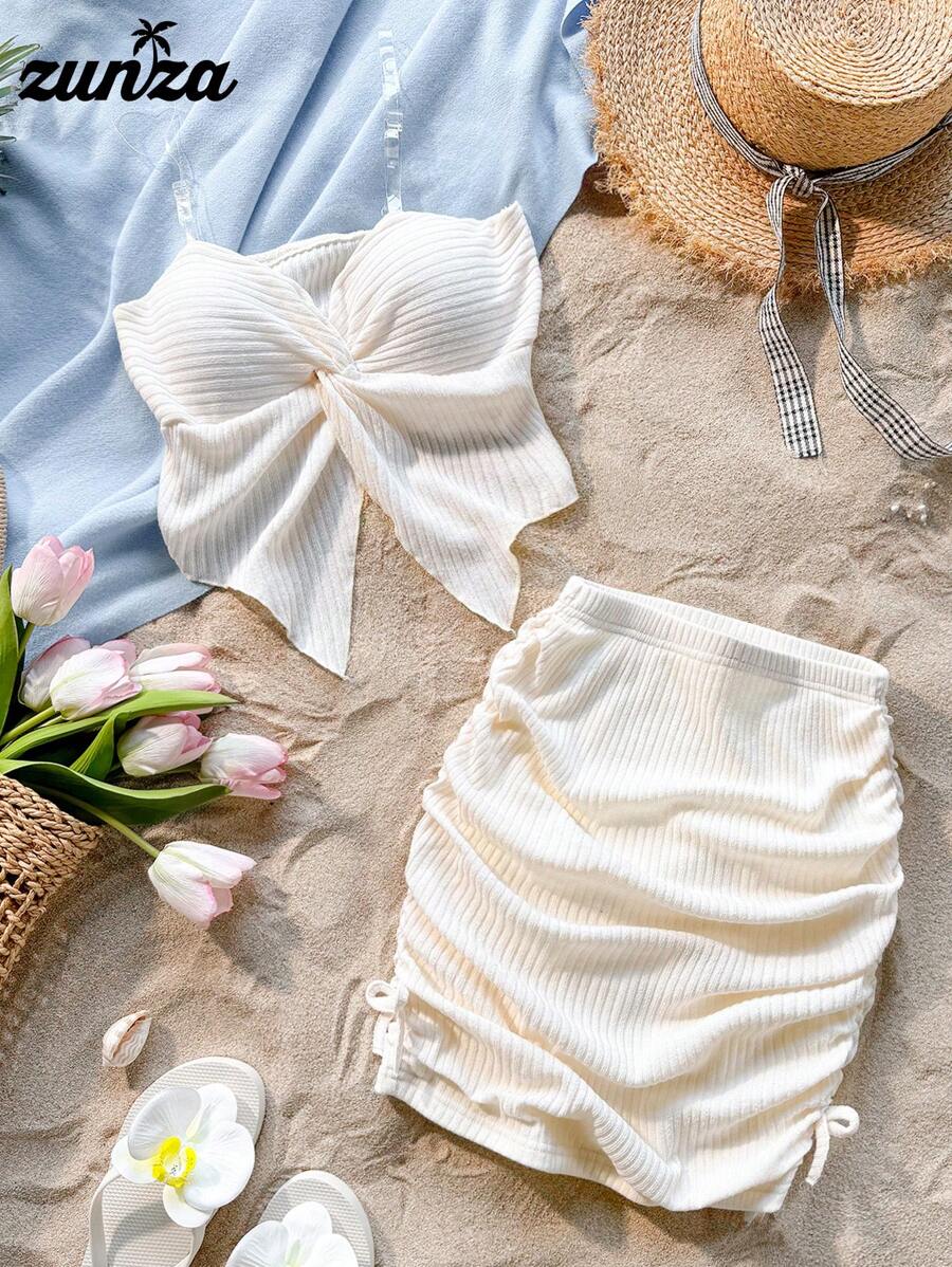 Bộ đồ 2 món cho bé gái tuổi teen, thích hợp cho kỳ nghỉ, mùa hè và du lịch: Áo croptop dệt kim màu trắng và chân váy mini dệt kim màu be, kiểu dáng giản dị, dễ thương, thanh lịch và thời trang, phù hợp đi học, mùa xuân/hè. Bộ quần áo mùa hè cho bé gái. - Nhiều màu - Xem 1