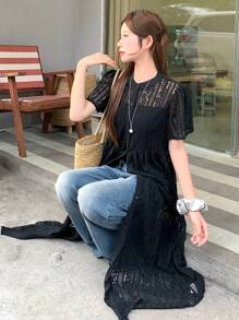 DAZY Women's Round Neck Casual Lace Loose Mid-Length Dress