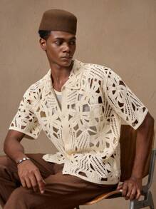 AKNOTIC Business Casual 2 件男士钩针花卉栗色和米色时尚休闲修身翻领短袖开衫针织衫，适合夏季、度假、日常搭配、派对、情侣、男士礼物 - 彩色 - 查看 4