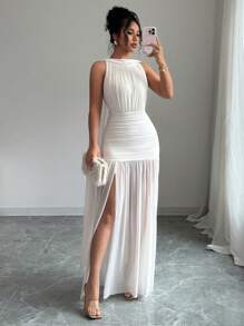 Elenzga Women Solid Color Minimalist Sleeveless Long Dress