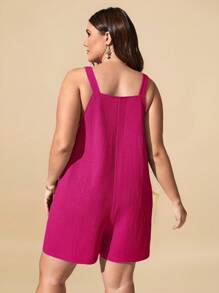 Travachic Plus Tie Shoulder Pocket Patched Cami Romper - Hot Pink - View 2