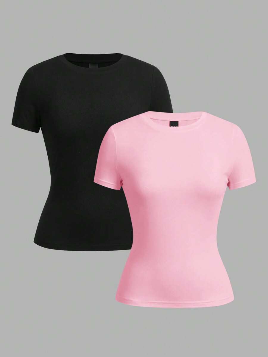 SHEIN EZwear 2pcs Set Basic Black & Pink Round Neck Short Sleeve Tops For Casual Layering, Spring/Summer Suitable For Going Out - Multicolor - View 1