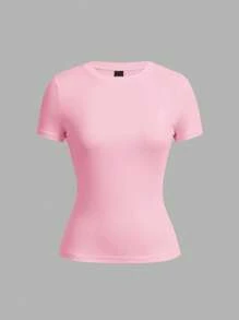 SHEIN EZwear 2pcs Set Basic Black & Pink Round Neck Short Sleeve Tops For Casual Layering, Spring/Summer Suitable For Going Out - Multicolor - View 8