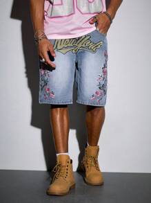 ROMWE MEN Street Life 男士花卉刺绣牛仔短裤，适合春夏季日常穿着