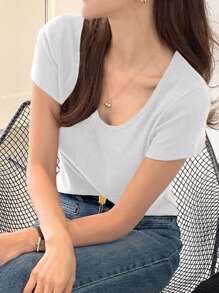 DAZY Women's Solid Color Round Neck Short Sleeve Fitted Basic T-Shirt, Brown For Spring & Summer,Back To School Clothes - White - View 5
