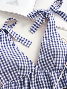 Comfortcana Váy mini tay bồng buộc dây kẻ caro dệt mùa hè - Màu xanh hải quân - Xem 5