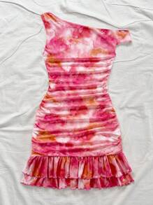 Soleia Women's Romantic Tie Dye Print Asymmetric Shoulder Ruffled Fitted Layered Mini Dress, Versatile For Party, Date, Afternoon Tea, Beach, Wedding, Graduation Season Pink - Multicolor - View 2