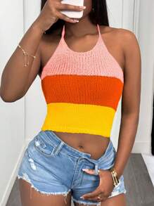 Slaydiva Women's Summer Contrast Color Cropped Halter Knit Tops - Multicolor - View 8