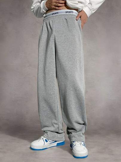 SHEIN Casual Loose Sweatpants For Teen Boys, Gray, Elastic Waistband, Retro Style, Suitable For Autumn, Winter, School, Home, Daily Wear, Sports, Birthday Party, Outings, All-Match, Minimalist, Valentine's Day