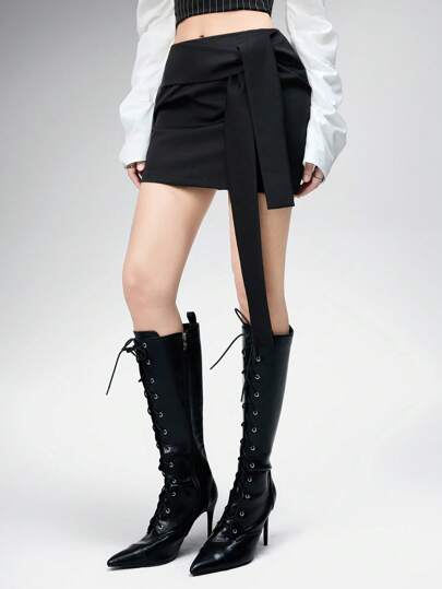 Goth Asymmetric Hem Wrap Tie Design Women Knee Length Skirt