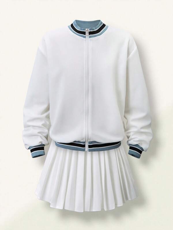SHEIN 2 Pieces Teen Girls Casual Sports Set, Minimalist Patchwork Jacket With Matching Sports Skirt, Suitable For Spring/Summer Outings, School, Sports Like Golf, Tennis, Badminton