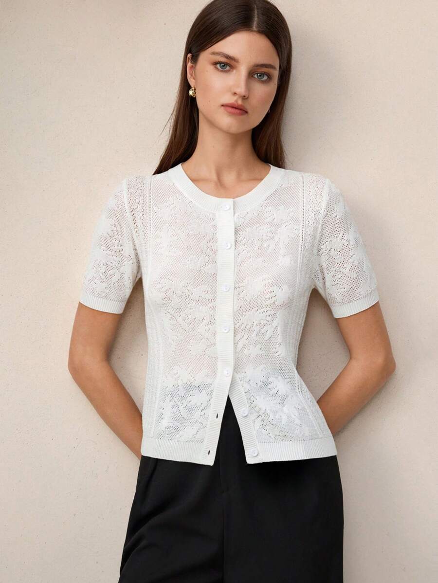 BizChic 2025 Spring/Summer New Arrival Women's Round Neck Casual/Work Jacquard Button Placket Knitted Cardigan - White - View 1