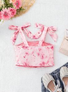 年轻女孩碎花网眼荷叶边贴身吊带背心 - 粉色 - 查看 3