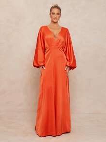 Lumalex Fall Modest Old Money Rave Festival Outfits Formal Fall Modest Old Money Glitter Sequins Summer Swimsuit Swimwear Swim Vacation Elegant Easter Bohemian BOHO Sea Beach Hot Outdoor Richly Layered Wedding Season Banquet Coming Of Age Ceremony Beach Seaside Women's Solid Deep V-Neck Lantern Sleeve Fashion Sexy Dress - Orange - View 3