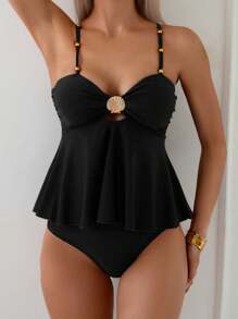 Swim Lushoire 2pcs/Set Women's Elegant Vacation Coffee Shell & Metal Beaded Tankini Bikini Swimsuit, Beach Outfit For Summer - Black - View 1