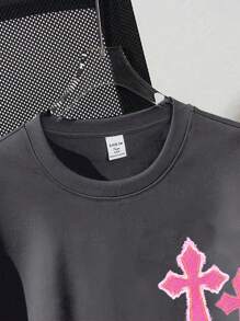 SHEIN EZwear Camiseta de manga corta con cuello redondo y estampado de cruz, de corte holgado y casual, 34% algodón, apropiada para el verano