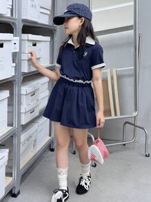 Dazy Kids 2pcs/Set Tween Girls Fall Outfit - Collared Knit Short Sleeve T-Shirt & Skirt - Navy Blue - View 7