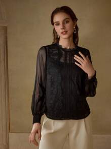 MOTF PREMIUM CHEMISIER À MANCHES LANTERNES AVEC CONTRASTE DE DENTELLE EN MAILLE TRANSPARENTE - Noir - Voir 4