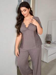 SHEIN 大码女式纯色 V 领撞色蕾丝束腰短袖睡衣套装 - 淺灰紫 - 查看 6