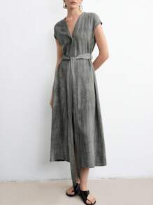 Aalyst Vestido largo con cuello en V, botones al frente, hombros fruncidos y cinturón para mujer, de lino, para vacaciones y trabajo, primavera/verano