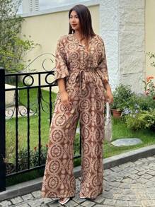 Dazy Plus Mono holgado de pierna ancha con estampado floral en toda la prenda, cuello de solapa y cintura con cordón elástico, talla grande