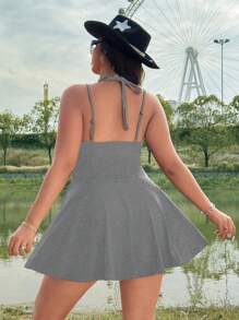 Flirla Plus Size Sleeveless Solid Color Layered Hem Tie-Waist Jumpsuit For Festival, Boho, Hippie, Cowgirl, Old Money - Grey - View 2