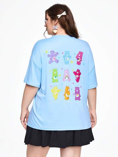 ROMWE X Care Bears Plus Size Cartoon Bear Pattern Blue Short Sleeve T-Shirt