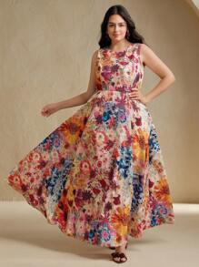 Anewsta Easter Ditsy Floral Round Neck Waist Defining A-Line Fashionable Elegant Vacation Mini Dress For Women, Spring/Summer - Multicolor - View 4