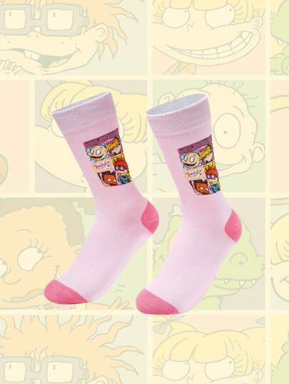 Nick 90's X ROMWE Calcetines cómodos de tripulación rosa con estampado de dibujos animados tiernos y divertidos para mujeres
