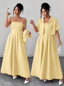 Elenzga Conjunto de dos piezas de mujer talla grande de estilo elegante y artístico personalizado: chaqueta de manga corta + vestido de slip de largo maxi, adecuado para verano, vuelta al colegio, graduación, vacaciones, San Valentín, festivales de música, Día de la Madre, Halloween, Acción de Gracias, Pascua, Día Nacional, bailes, citas, fiestas, salidas - Amarillo - Ver 1