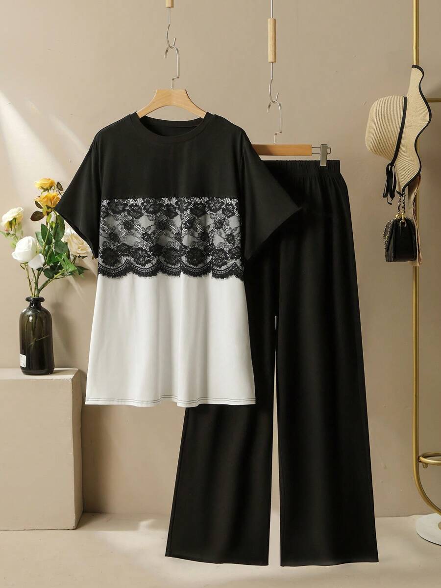 SHEIN Lacomfia Plus Size 2 Pieces Set Elegant Color Block Lace Trim Top And Pants, Summer - Multicolor - View 1