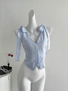 Sweetra 新款女式蝴蝶结吊带单排扣修身衬衫，条纹通勤装 - 藍白色 - 查看 6