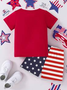 SHEIN 2 件套男婴美国国旗数码印花休闲圆领短袖 T 恤和短裤套装，夏季，7 月 4 日 - 彩色 - 查看 2