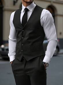 Manfinity Mode Men's Striped Suit, Includes Blazer Waistcoat And Pocket Pants, Men Dress Outfit, Wedding Outfit For Men, Men Dress Suits, Old Money Style - Black - View 1
