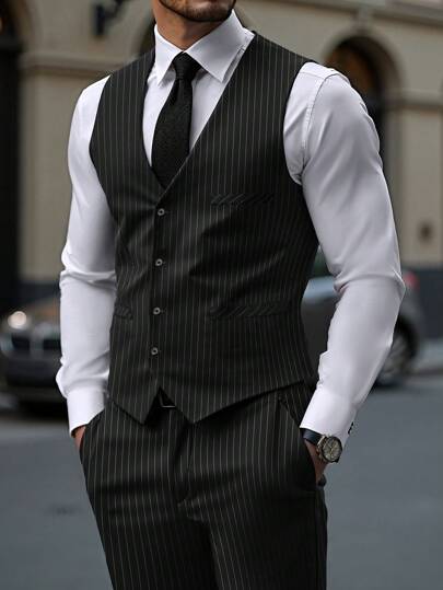 Calvornis Costum bărbătesc cu dungi, include vestă sacou și pantaloni cu buzunare, ținută elegantă bărbătească, ținută de nuntă pentru bărbați, costume elegante bărbătești, stil Old Money