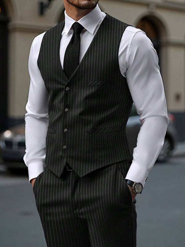 Manfinity Bizformal Herren gestreifter Anzug, bestehend aus Sakko, Weste und Hose mit Taschen