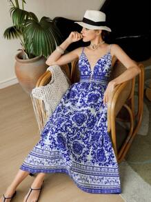 SHEIN LUNE Women's Floral Print Sleeveless Maxi Dress,Blue And White,Summer,Boho,Vacation,Holiday,Hawaii Elegant Casual Beach Sundresses Graduation - Blue and White - View 7