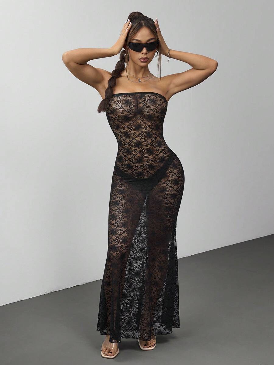 SHEIN Unity Sexy Lace Bandeau Mermaid Hem Dress, Spring/Summer - Black - View 1
